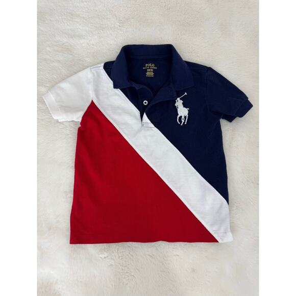 Ralph Lauren Boys 2T Colorblock Polo Shirt Red White Navy - Picture 1 of 4